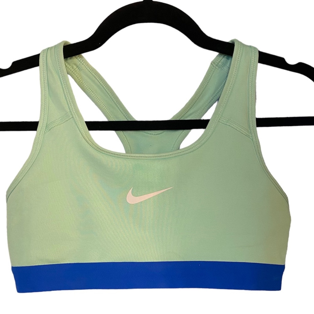 Nike Dri-Fit Sports Bra, Light Aqua Blue, Royal Blue Band, Size Small, EUC - Picture 1 of 5